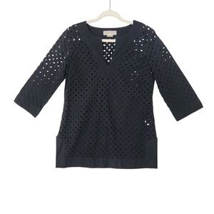 Michael Michael Kors Navy Blue Eyelet Cotton Tunic Top Split V-Neck Size 6